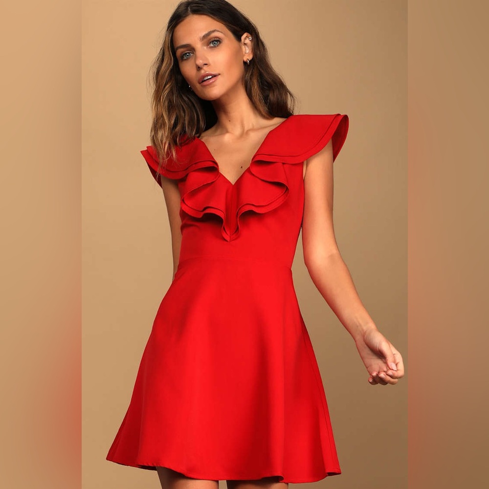 Lulus Divine Darling Red Ruffled V-Neck Skater Dress